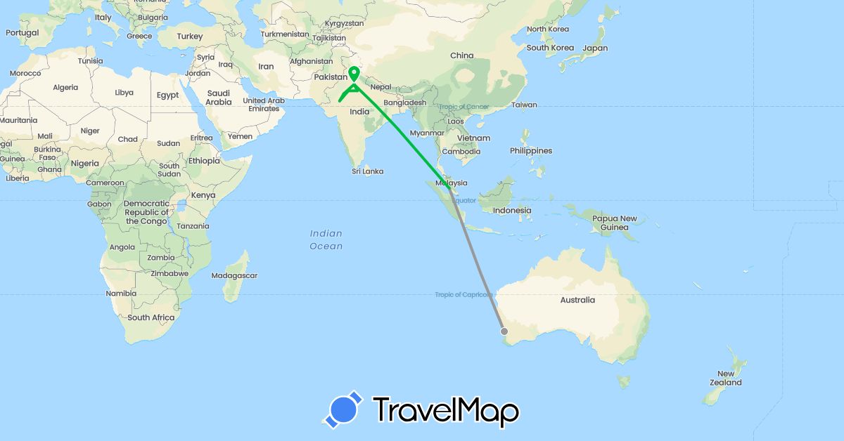 TravelMap itinerary: bus, plane in Australia, India, Malaysia (Asia, Oceania)